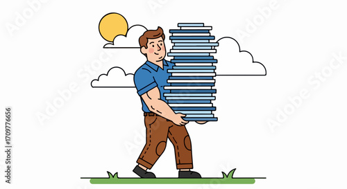 Paperwork pile illustrates overloaded man carrying tall stack of documents, representing burden of bureaucracy. Paperwork pile in hands, employee struggles beneath heavy workload,