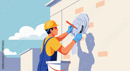 Man plastering wall, focused on plastering wall with tools against building exterior, showing skilled craftsmanship. Repairing plastering wall requires precision, hard work,