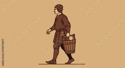Man carrying bucket in medieval style, depicting historical occupation and attire. Man carrying bucket is dressed in period clothing, complete with tunic, pouch, and cap.