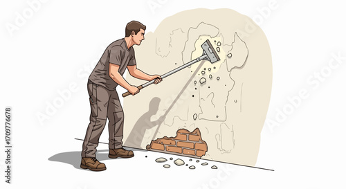 Repairing a damaged wall with a scraper and trowel for home improvement. This wall repair job is shown with a man scraping away loose plaster to prep for patching, doing wall repair work.