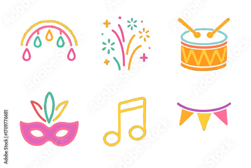 Festival celebration neon icon set. featuring mask, music note, fireworks, drum, bunting, and rainbow