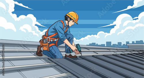 Roofer repairs roof, using safety equipment and a power drill, on rooftop. Roofer, dressed in work clothes, including a yellow hard hat, works on metal sheets on building.