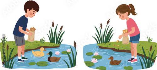 Children feeding ducks at pond, peaceful nature scene, outdoor wildlife activity, smiling kids, summer park, cartoon illustration, childhood experience