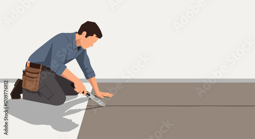 Man lays flooring in a room, creating fresh interior. Flooring installation is shown during home improvement project, demonstrating process for interior design or decoration.