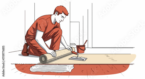 Floor covering installation showing handyman at work with tools. Floor covering, handyman installing floor covering using trowel and glue for precise application.