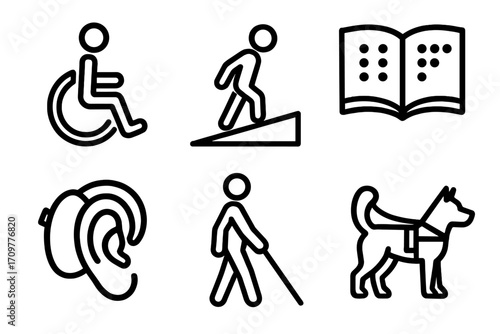 Accessibility linear icon set. featuring wheelchair, ramp, braille, hearing aid, cane, guide dog symbols