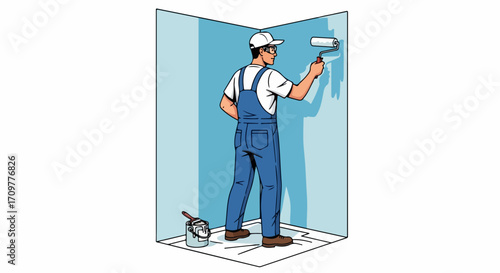 Man painting wall in light blue, demonstrating home improvement project. Home improvement project includes paint roller and paint can in small room covered with protective sheets.