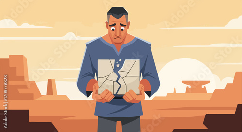 Illustration of broken dreams shows man in desert holding broken dreams. Broken dreams are symbolized by shattered object, expressing sadness and despair.