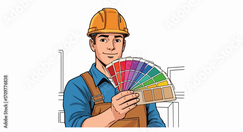 Skilled worker with color palette in hand, offering a range of color swatches to assist with house painting. Color palette demonstrates choices for interior design.