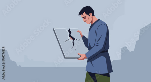 Man holding shattered frame depicting disappointment and regret, showing broken frame, a metaphor for shattered dreams. Experiencing emotional pain,