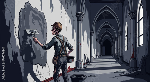 Construction worker plastering wall of ancient cathedral, applying plaster to cracked wall with trowel. Skilled plastering work involves renovating architecture, breathing new life into old structure.