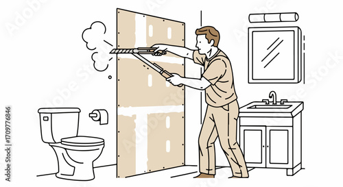 Home renovation project with man using hand saw on drywall in bathroom space. Home renovation project is necessary for modernizing bathroom interiors and fixtures.