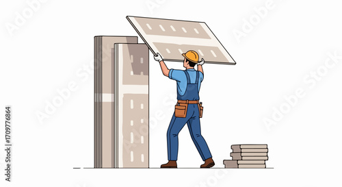 Worker installing solar panel on building roof with energy efficiency technology. Solar panel installation on skyscraper involves skilled worker, equipment, and sustainable practice.