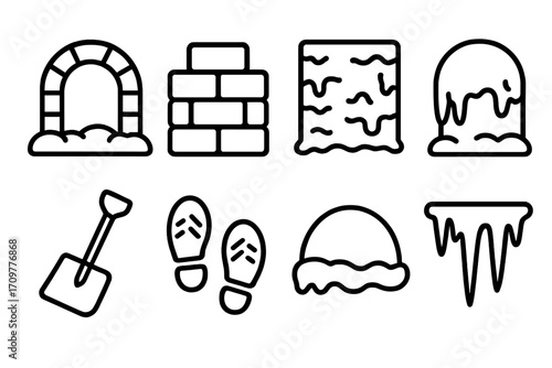 Winter elements linear icon set. featuring snow fort, bricks, snow wall, igloo, shovel, boots, hat, icicles symbols.
