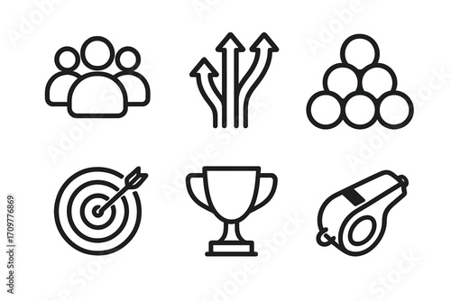 Team building silhouette icon set. featuring group, decision, synergy, goal, trophy, and whistle symbols