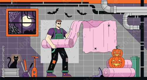 Halloween insulation project showing man holding pink roll in spooky setting. Halloween insulation preparation in basement includes pumpkin carving and bats flying in night.