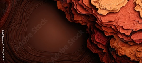 Abstract layered design with warm, earthy tones.  Layered, textured shapes in shades of brown and orange, creating a sculpted, 3D effect.  Deep, rich colors create a sense of depth and dimension