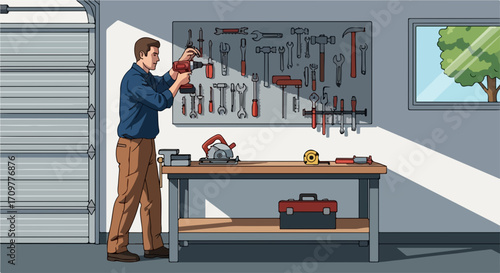 Handyman tools displayed in garage workshop with workbench, handyman tools neatly organized on pegboard, and craftsman operating electric drill.