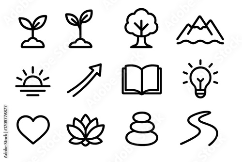 Nature and growth linear icon set. featuring plant, tree, mountain, sunrise, arrow, book, lightbulb, heart
