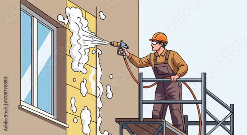 Applying insulation foam to exterior wall for thermal protection. Insulation foam installation improves building energy efficiency and protects against external weather conditions.