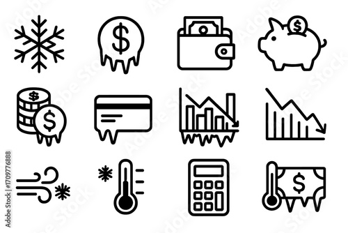 Winter finance linear icon set. featuring snowflake, dollar, wallet, piggy bank, coins, credit card, graph, wind