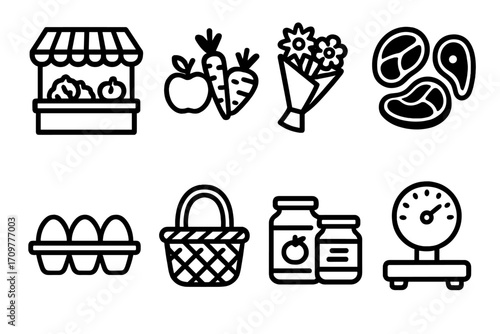 Market and food silhouette icon set. featuring produce stand, vegetables, flowers, meat, eggs, basket, jars, scale
