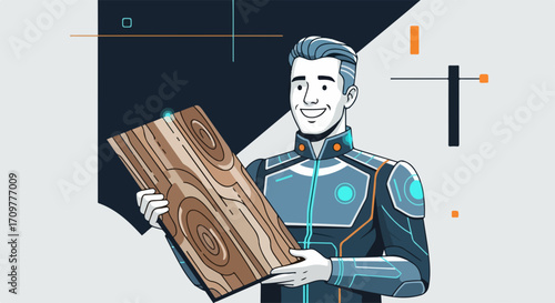 Man holding wood plank, presenting wood plank material. Smiling man displaying quality wood plank for carpentry project and DIY construction. Wood plank showcases organic textures,