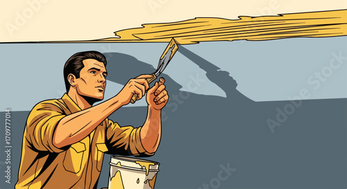 Wall repair featuring male figure scraping texture, achieving smooth surface for painting, wall repair work. Wall repair shown with scraper and tools to remove texture from wall surface.