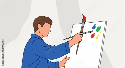 Artist painting on canvas featuring colorful abstract. Artist painting requires brushes and paint to make colors and shapes come alive. Artist painting represents creativity and imagination,