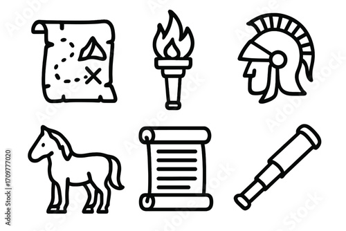 History and exploration linear icon set. featuring map, torch, helmet, horse, scroll, telescope symbols