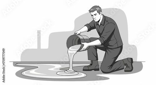 Spilled liquid creating puddle near wall. Accidental spilled liquid needs to be wiped quickly, and it creates an uncomfortable situation with potential hazards.