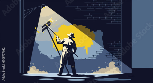 Image shows graffiti removal from brick wall in spotlight, cleaning unsightly markings, with worker using broom and wearing hat and coat. Graffiti removal, labor-intensive process restores surfaces.