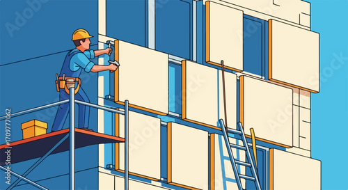 Construction worker installing insulation panels on building facade for energy efficiency. This worker applies insulation panels to improve building's energy efficiency and lowers energy costs.