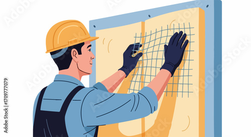 Builder installing insulation on wall, insulation installation, insulation application shows meticulous worker in protective gear and gloves. Installation work requires safety precautions,