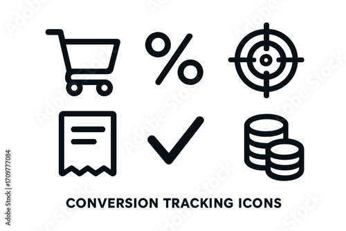 Conversion tracking silhouette icons set. featuring cart, percentage, target, receipt, checkmark, and coins symbols