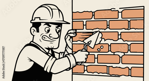 Cartoon construction worker laying bricks with trowel, creating brick wall. Construction worker expertly building wall with brick and mortar, utilizing his tools and expertise.