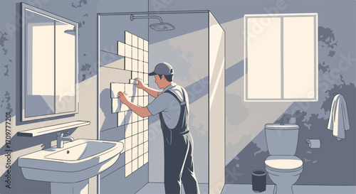 Professional tiler at work in bathroom installing tiles, careful and precise tiling ensures long lasting and visually appealing results, proper tiling enhances bathroom aesthetics.