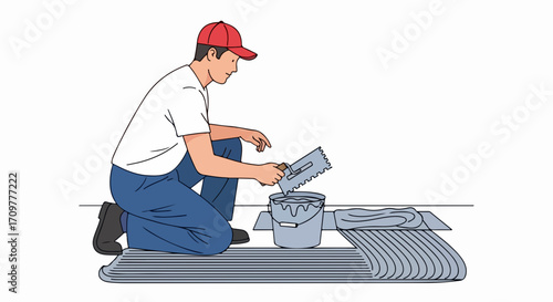 Tiling work by man kneeling with trowel applying adhesive for tiling work, showing careful application. Tiling work involves spreading adhesive compound evenly for precise tile placement.