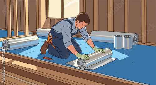 Worker installing insulation on floor, home improvement project in process. Installing insulation properly is key to energy savings and home comfort.