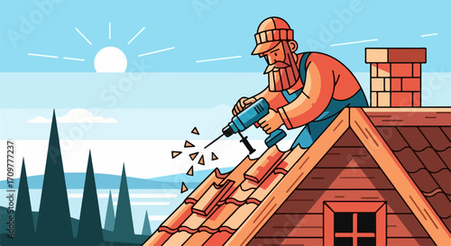 Construction worker repairing roof, drilling tiles. Construction worker drills to repair damaged roof, showing home improvement and skilled labor.