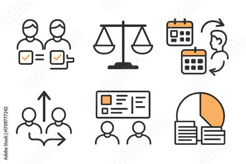 Business and management linear icons set. featuring team, balance, calendar, growth, profile, analytics