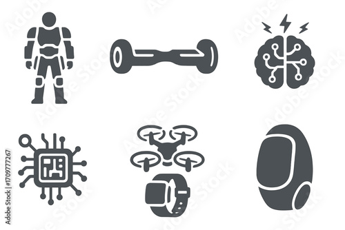 Futuristic technology silhouette icon set. featuring robot, hoverboard, ai, chip, drone, smartwatch, and pod