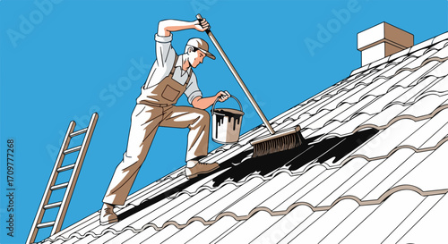 Roofer at work with paint on roof, painting tiles carefully in bright sunlight. Roofer carefully works in the daytime, painting roof with brush and holding paint bucket.