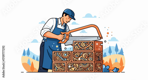 Construction worker sawing brick using manual saw for construction job. Construction worker is wearing blue apron and cap, outdoors.