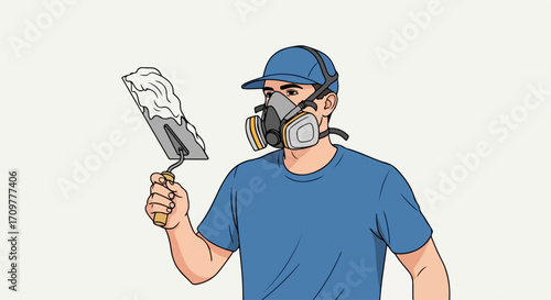 Construction worker wearing protective respirator and cap with a finishing trowel full of plaster. Plasterer holding finishing trowel in hand during work on building construction,