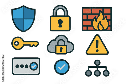 Cybersecurity flat icon set. featuring shield, lock, firewall, key, cloud, caution, checklist, network symbols