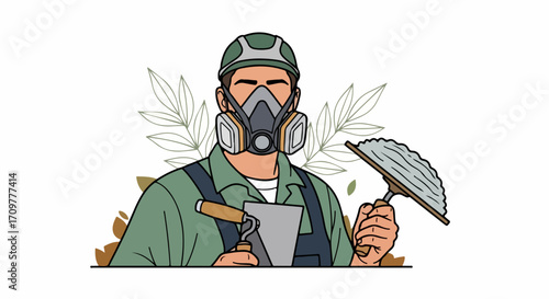 Construction worker with safety mask and tools prepares to plaster, showing construction worker in action.