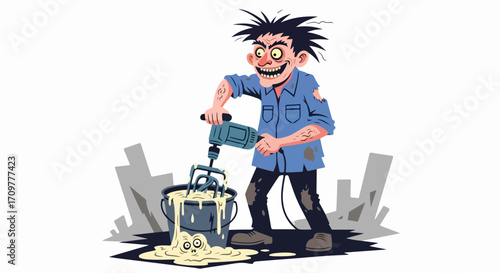 Mad scientist mixing chemicals in overflowing pot, depicted in creative illustration. Mad scientist character, wild-eyed and disheveled, uses electric mixer to stir bubbling concoction.