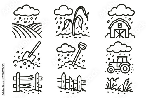 Weather impact on farming linear icon set. featuring clouds, rain, field, plant, barn, shovel, fence, tractor