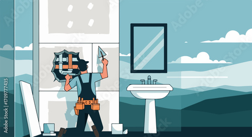 Home repair project features worker with trowel near drywall, mirror, sink. Home repair involves plastering and fixing the drywall wall in bathroom for renovation.